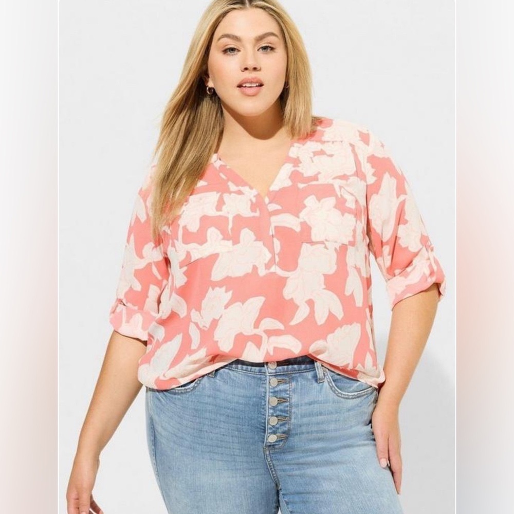 Torrid Harper Georgette 3/4 Sleeve Blouse Plus Floral Pink Boho Chic Size 2
